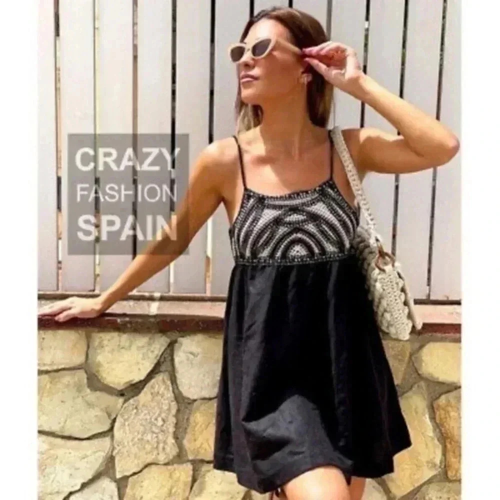 Zara linen blend crochet Dress medium 8741/228